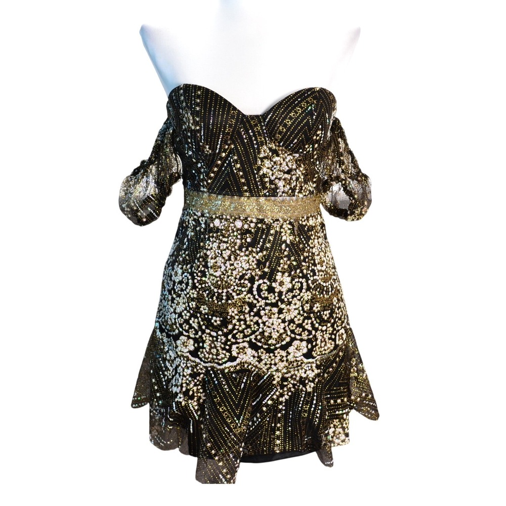 Xenia Boutique Mini Dress Womens 6 Black Gold Glitter Off‎ Shoulder Party Event